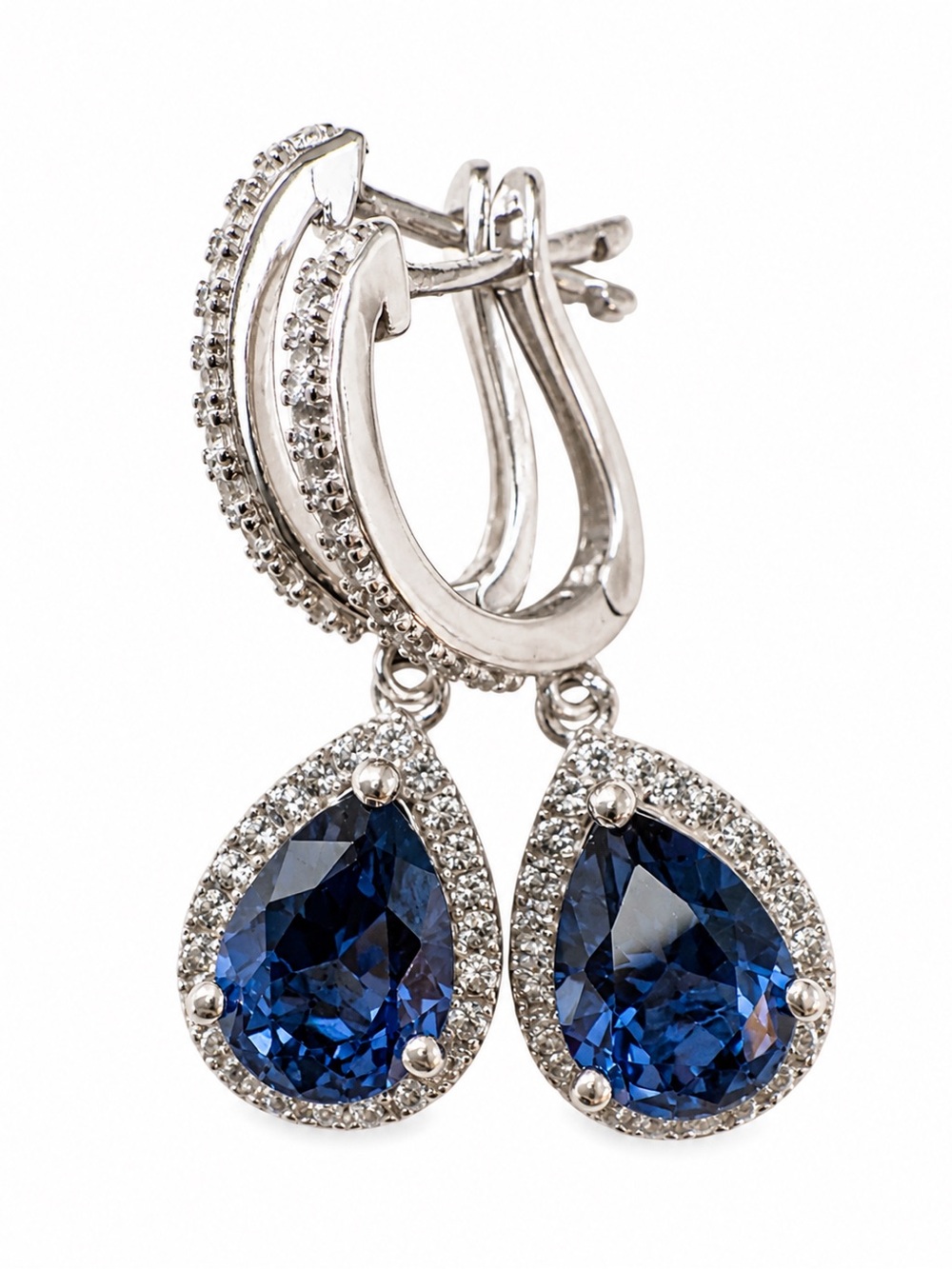 Suzy Levian Sapphire Halo Drop Earrings Sterling Silver Princess Kate Inspired